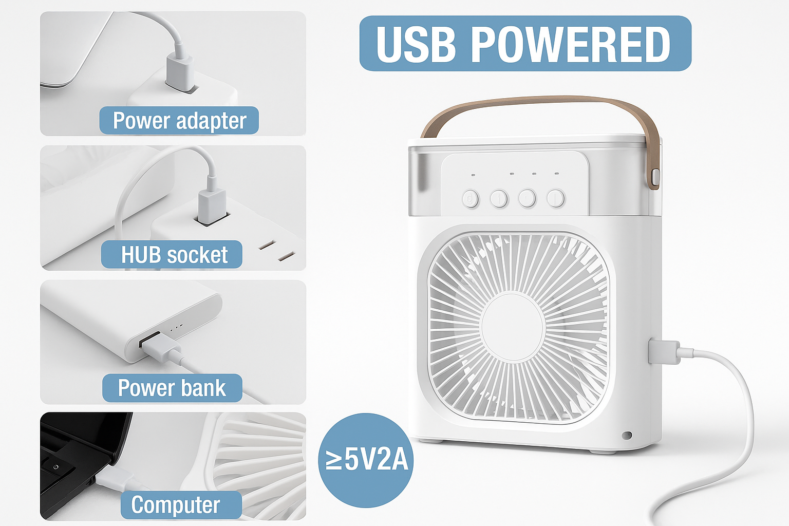 "Portable Mini Air Cooler & Humidifier – 3 Speeds, 5 Mist Modes, USB Powered"