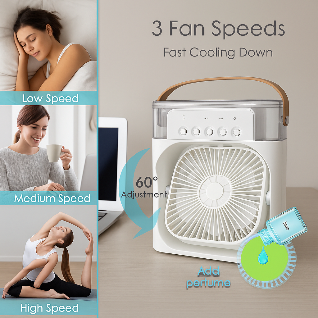"Portable Mini Air Cooler & Humidifier – 3 Speeds, 5 Mist Modes, USB Powered"