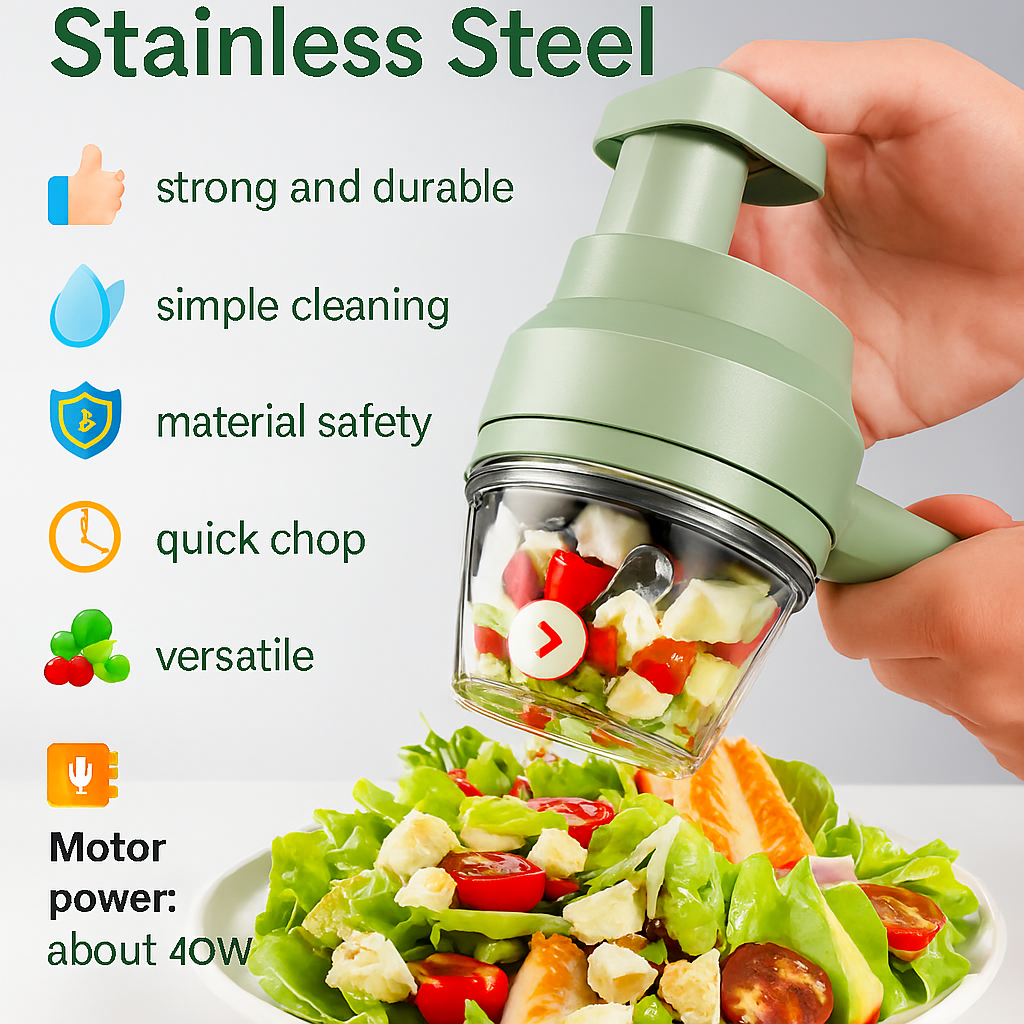 4-in-1 Portable Electric Vegetable Cutter Set — Slice, Chop, Grind & Peel | Compact Multi-Use Kitchen Tool
