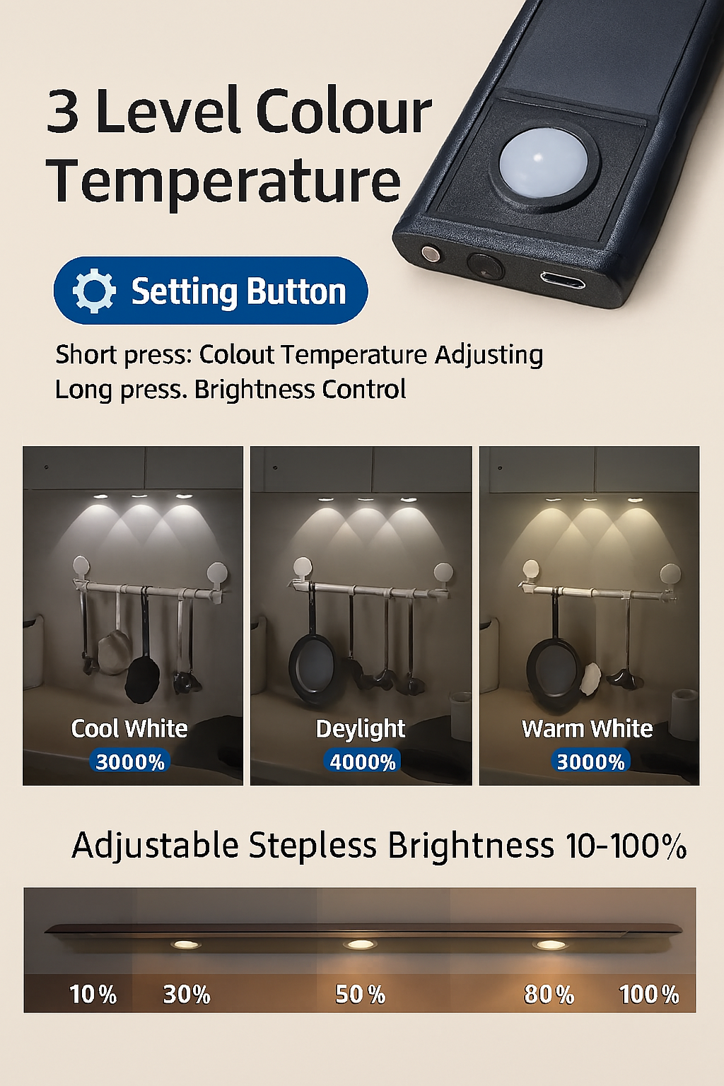 “Wireless Motion Sensor LED Light – 40cm USB Rechargeable Dimmable Stick-On Lamp for Wardrobe, Kitchen & Stairs”