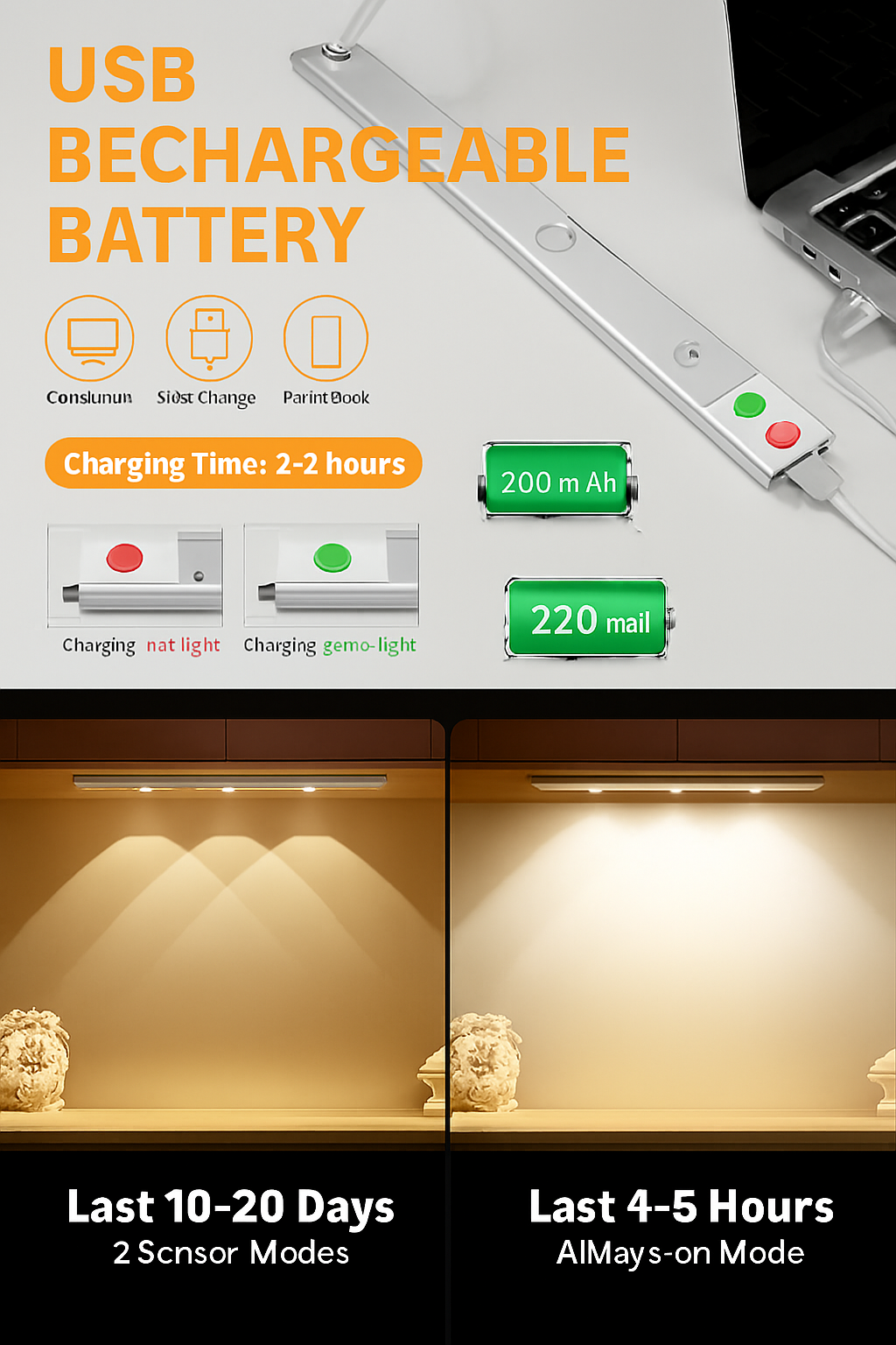 “Wireless Motion Sensor LED Light – 40cm USB Rechargeable Dimmable Stick-On Lamp for Wardrobe, Kitchen & Stairs”