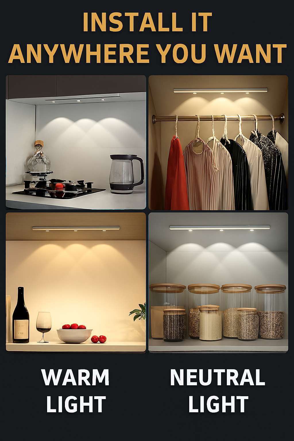 “Wireless Motion Sensor LED Light – 40cm USB Rechargeable Dimmable Stick-On Lamp for Wardrobe, Kitchen & Stairs”