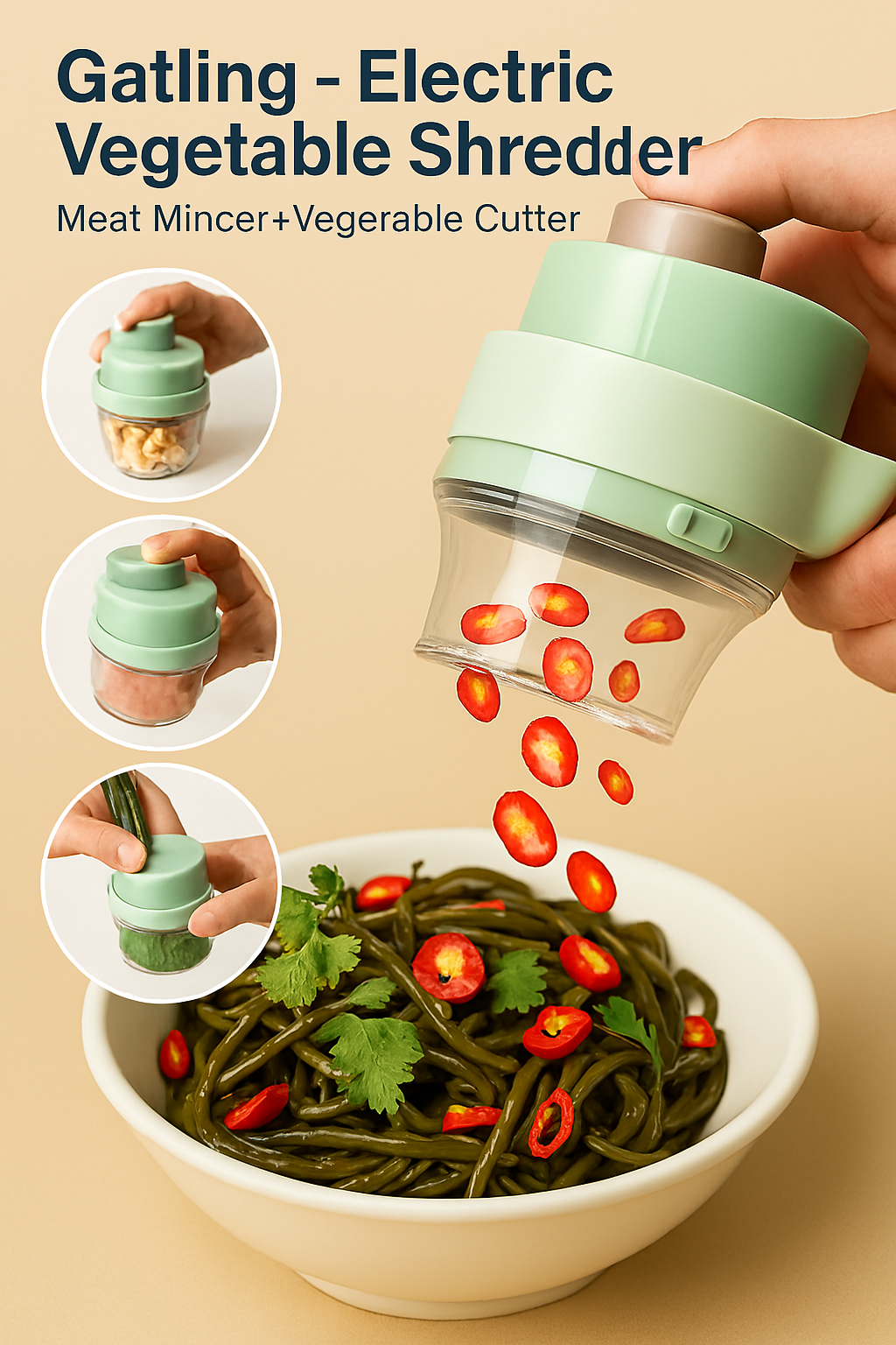 4-in-1 Portable Electric Vegetable Cutter Set — Slice, Chop, Grind & Peel | Compact Multi-Use Kitchen Tool