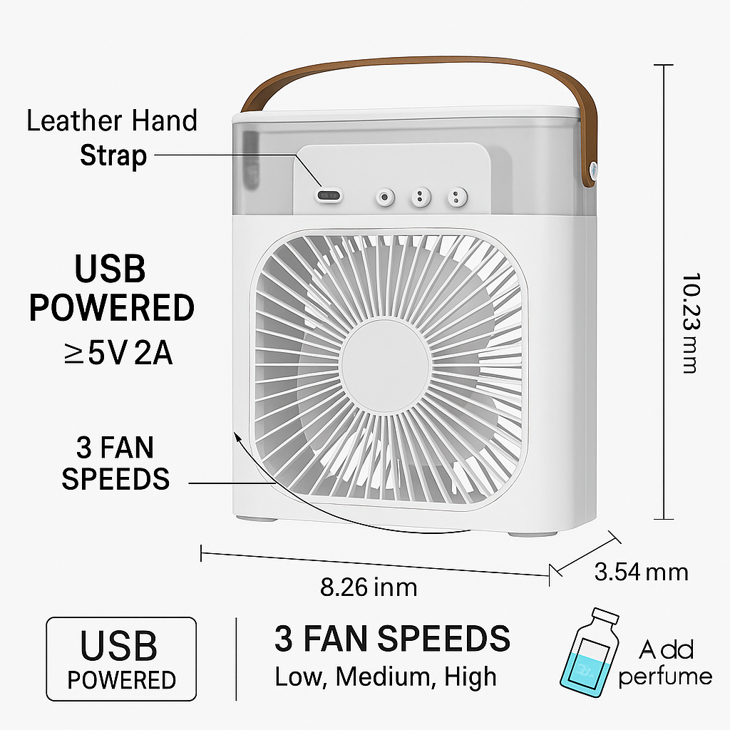 "Portable Mini Air Cooler & Humidifier – 3 Speeds, 5 Mist Modes, USB Powered"