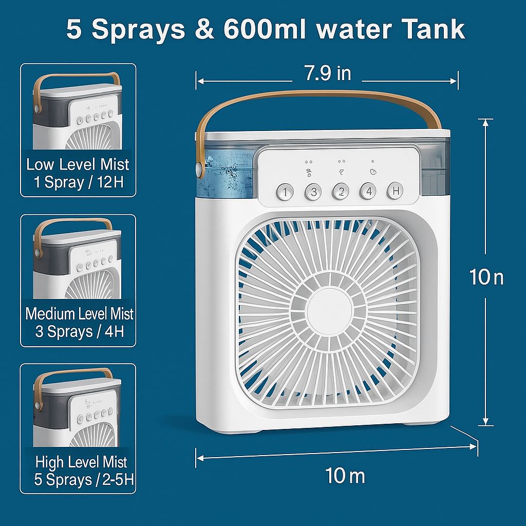 "Portable Mini Air Cooler & Humidifier – 3 Speeds, 5 Mist Modes, USB Powered"