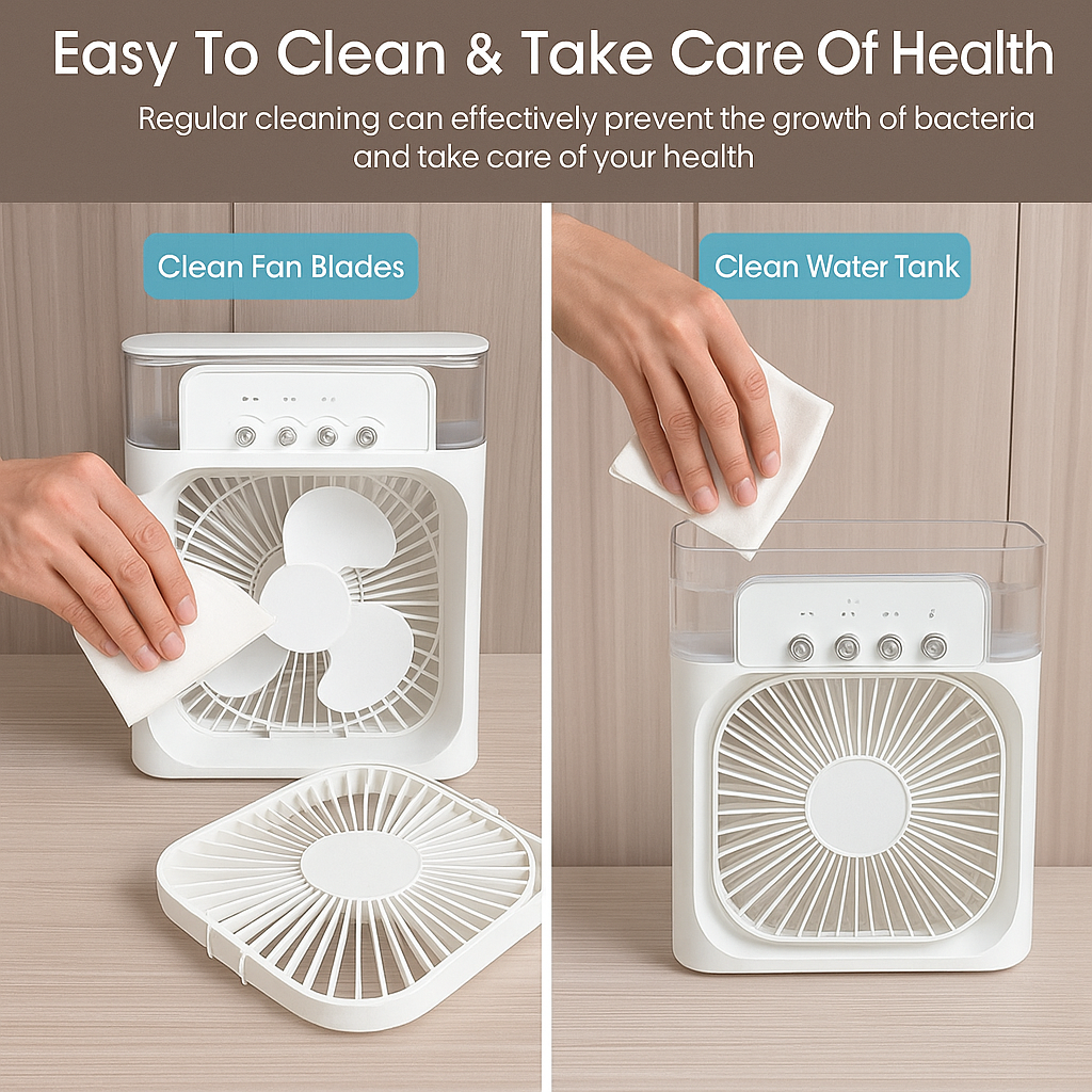 "Portable Mini Air Cooler & Humidifier – 3 Speeds, 5 Mist Modes, USB Powered"