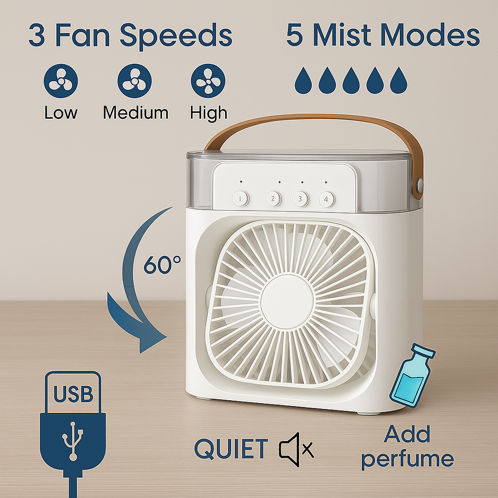 "Portable Mini Air Cooler & Humidifier – 3 Speeds, 5 Mist Modes, USB Powered"