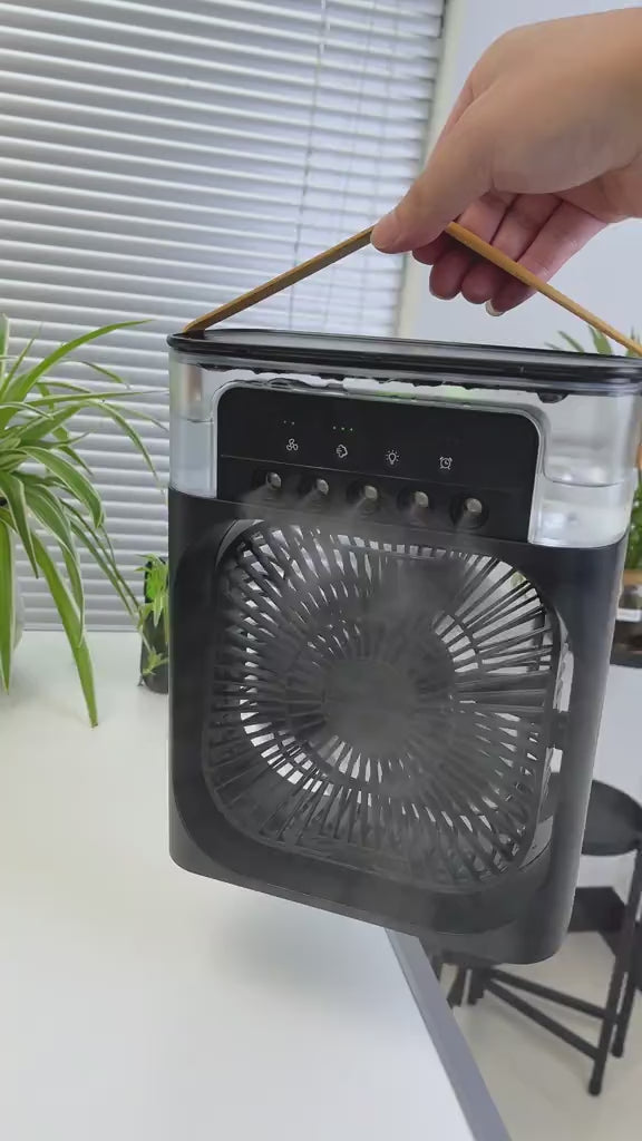 "Portable Mini Air Cooler & Humidifier – 3 Speeds, 5 Mist Modes, USB Powered"